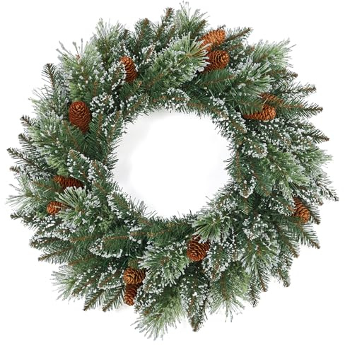 24inch/60cm Christmas Wreath with 50 Warm White LED Lights & Pine Cone, Pre-Lit Xmas Wreath, Large Artificial Christmas Wreaths for Front Door Wall Decoration