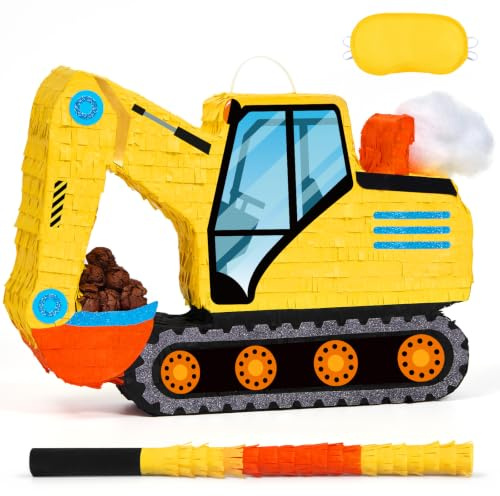 WERNNSAI Excavator Pinata Yellow Digger Pinata Construction Birthday Decor | Excavator Truck Pinata with Stick and Blindfold for Vehicle Theme Party Decor Supplies Fillable 3lbs