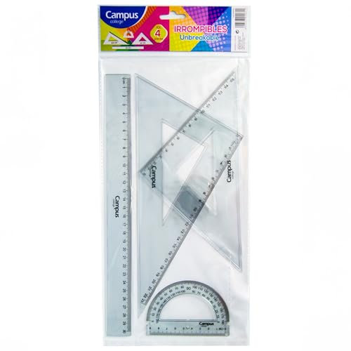 Campus – Juego de Reglas Escolares, Set de Reglas Irrompibles con Escuadra, Cartabón, Transportador de Ángulos y Regla de 30cm, Estuche de Reglas para Matemáticas y Dibujo Técnico (Set Irrompible)