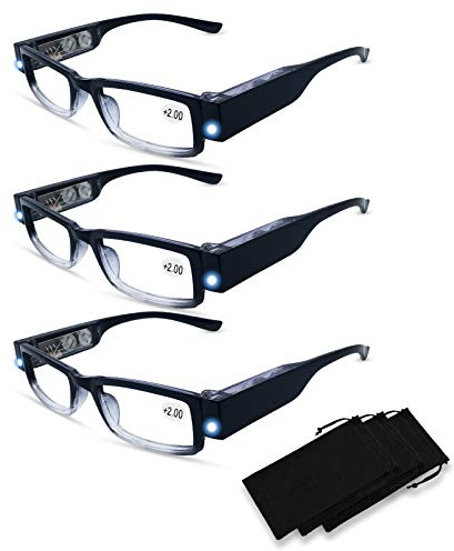 DuanMei 3 Pack Reading Glasses with Lights and Magnifier Reading Glasses with Lights in The Frame Bright Led Readers Magnifying Glass with Light for Men Women Led Readers Eyeglasses+2.0