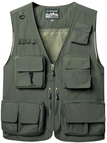 KTWOLEN Men's Outdoor Vest Quick Dry Fishing Vest Multi Pocket Breathable Gilet Safari Hunting Hiking Photography Waistcoat Sleeveless Jacket, Army Green, M
