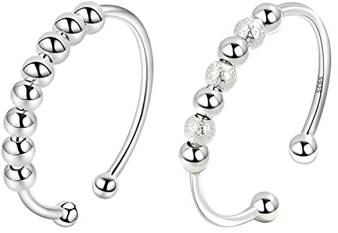 Anello Argento Sterling 925 con Perline Antistress per Donne, Anelli Spinner Sottili Regolabili Impilabil Fidget Ruota Liberamente, Argento