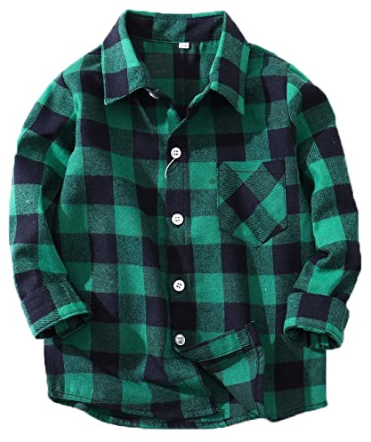 Coralup Boys Girls Cotton Long Sleeve Casual Plaid Flannel Shirt Kids Checked Button Down Shirts Green 8-9Years
