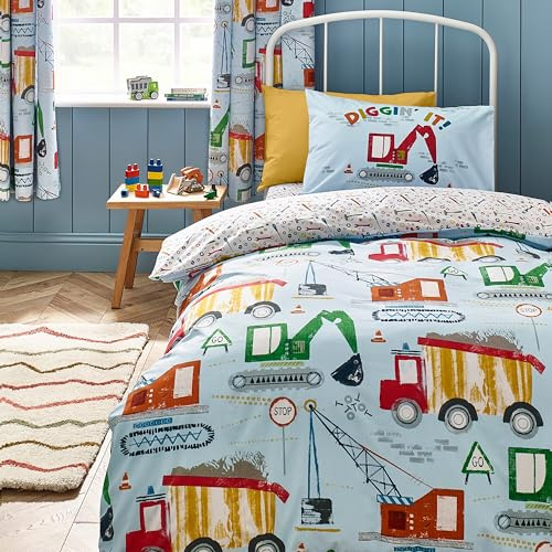 Catherine Lansfield Kids Digger Dreams Reversible Double Duvet Cover Set with Pillowcases Blue