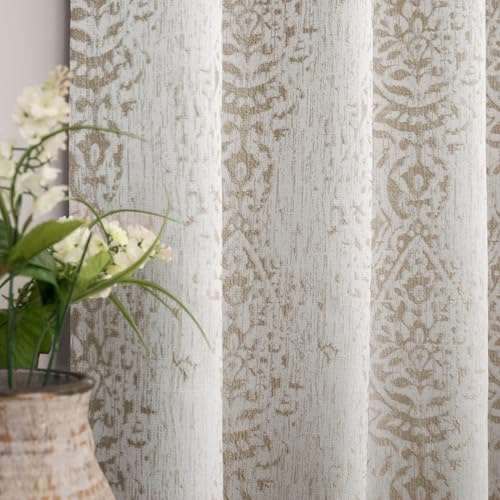 Mrs.Naturall Tan Boho Curtains for Bedroom Short Room Darkening 50% Blackout Raised Pattern Embellished Curtains for Living Room Bay Window,63 Inch Length 2 Panels,Taupe