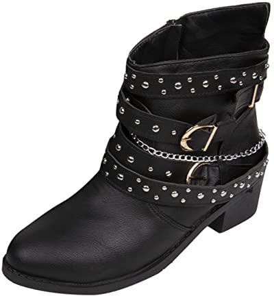Botines con tachuelas para mujer, con hebilla de cinturón, botas cortas de cuero de moda, botas de tacón de bloque medio bajo, suela de goma, cómodas botas de invierno con forro cálido, Black, 37.5 EU