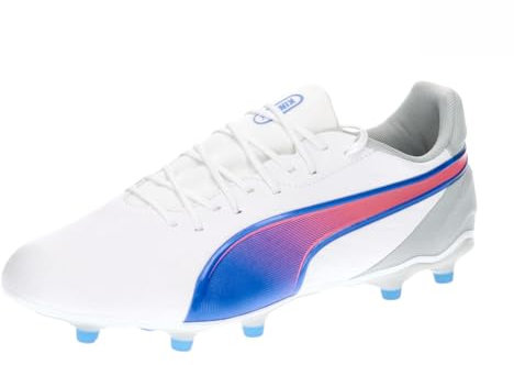 PUMA Unisex King Match FG/AG Soccer Shoe, White-Bluemazing-Flat Light Gray, 44 EU
