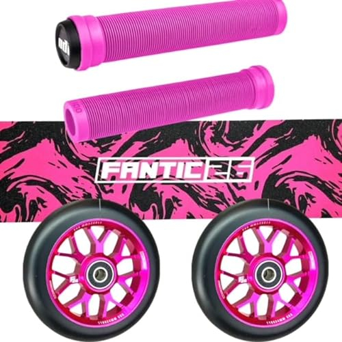 Fantic26 Stunt Scooter Trick Roller Ersatzteile Bundle I ODI SLX Soft Griffe mit Barends I F26 Spy7 110mm Abec11 Rollen I Griptape Swirl Schwarz/Pink