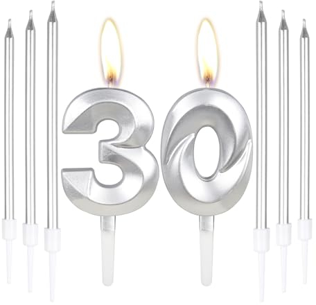 Silberne Kerzen zum 30ste Geburtstagskerze, Zahl 30 Kerzen mit 6 Langen Kerzen, Geburtstagsparty Kuchen Dekoration für Geburtstag, Party, Hochzeitstag