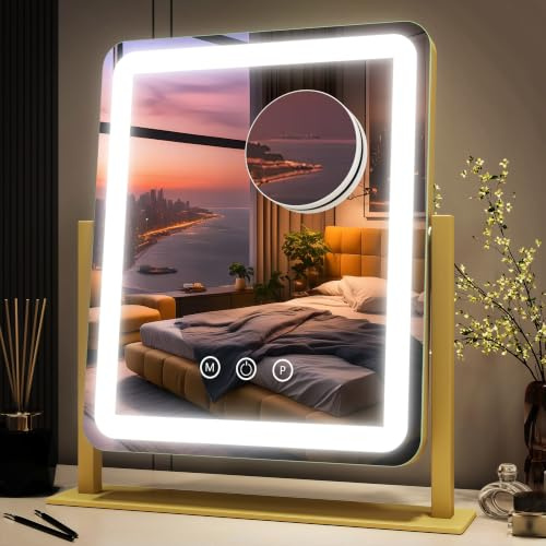 FENNIO Vanity Mirror with Lights - 15x12.6 LED Lighted Makeup Mirror, Large Makeup Mirror with Lights, Touch Screen with 3-Color Lighting, Dimmable, for Vanity Desk Tabletop, Bedroom Gold