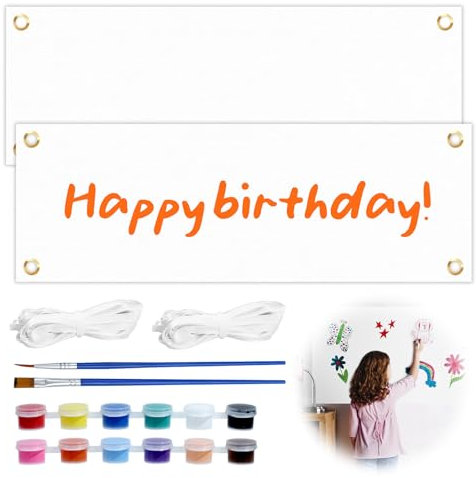HEDMON 2 Set 180x60cm grande striscione bianco vuoto Banner personalizzato lungo con gommini Banner vuoto con 6m corda per appendere fai da te pittura Feste di partito