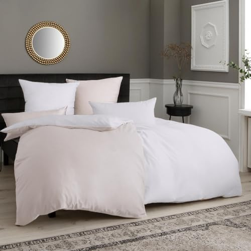 Soifox Sängkläder beige/vit 135 x 200 4 delar – sängkläder av mikrofiber, strykfria och skrynkelfria med dragkedja 2 påslakan 135 x 200 + 2 örngott 80 x 80 cm