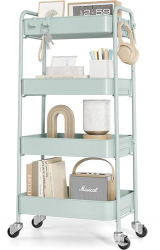 KINGRACK 4 Tier Metal Storage Trolley on Wheels, Beauty Book Craft Tea Art Trolley for Home Bathroom Kitchen Laundry, No screws needed Easy Rolling Utility Cart Mobile Storage Shelving Organizer