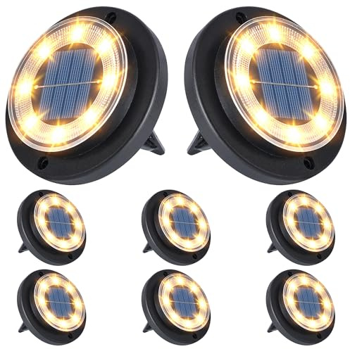 Flacchi Solar Lights Outdoor Waterproof - 2-in-1 Solar Powered Ground Lights Outdoor Solar Disk Light Landscape Light for Deck Step Patio Yard Pathway Walkway Driveway Garden (Warm White, 8 Pack)