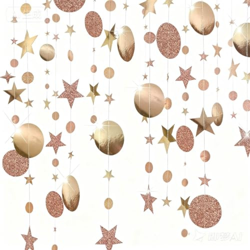 52 Pieds Papier Guirlande Décorative Étoiles et Cercles Champagne Or,4pcs Party Streamer Bannière,Décoration de Fête, Suspendue, Style Métalliqueer