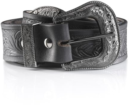 Angus Stoke Cintura western in pelle di bufalo - Cintura da cowboy e western fatta a mano per uomo e donna con fibbia per cintura, cintura in pelle goffrata a mano Jeremy, Nero , Bundweite 100 (50-52)