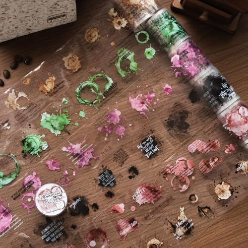 FyzendR Washi Tape Accesorios para Scrapbooking 6 Rollos Manchas de Café PET Accesorios Decorativos para Scrapbooking, Bullet Journaling, Revistas, Periódicos, Blocs de Notas DIY (Coffee Memories)