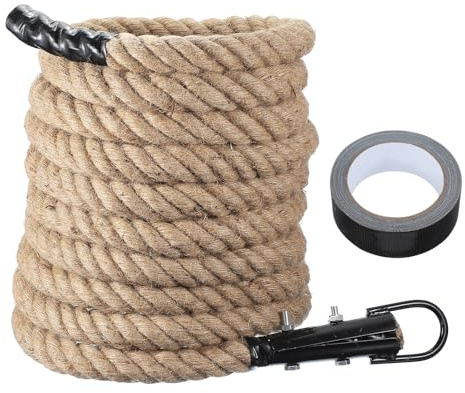 QUARKZMAN Battle Rope 26 fot x 1,5 tum Hemp tungt träningsrep gym med svart metallkrok träningsrep för styrketräning hemträning sport