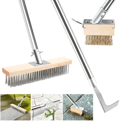 MaxEarn Juego de eliminador de malas hierbas para terraza y jardín | Rascador de malas hierbas + cepillo para juntas + rascador de suelo de acero inoxidable con barra telescópica de 1,6 m | Cerdas de