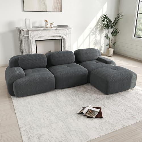 Bladez Divano moderno a 3 posti in cord, divano ad angolo modulare a forma di L con pouf, senza montaggio, divano combinabile con imbottitura Cloud, per soggiorno (Grigio, 3 posti+1)