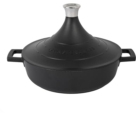 MasterClass - Tajine in alluminio pressofuso con coperchio a cono auto-irrorante, antiaderente, da 4 l, rotonda, per piano cottura anche a induzione e forno, adatta a lavastoviglie, 28 cm, nero
