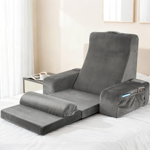 Strixorn Cojín grande de lectura con reposacabezas y reposabrazos extraíbles, hueso de lectura para adultos con funda lavable de fibras largas, cojín ergonómico para respaldo de respaldo para leer