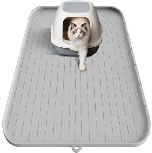 Pawinner Stor kattsandsmatta 86 x 56 cm med dräneringsspår och upphöjd kant, silikonkattlådematta vattentät matta för att fånga strö, lätt att rengöra kattmatta för kattlådan