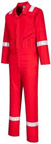 Portwest C814 Iona Lightweight Reflective Cotton Coverall with Pockets - Safety Boiler Suit Workwear Overalls, Red, XXL