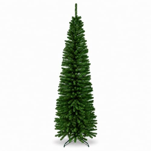 8Ft/2.4m Green Artificial Slim Pencil Christmas Tree, 828 Tips, Metal Stand | For Christmas, Home, Office and Party Decor, PVC and Metal Construction, Easy Assembly, Slim Space-Saving Design, Sturdy Base
