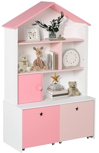 HOMCOM Libreria in legno per bambini, con 4 scomparti, 1 anta e 2 cassetti estraibili con ruote, per libri giocattoli, 80 x 34 x 130 cm, rosa e bianco
