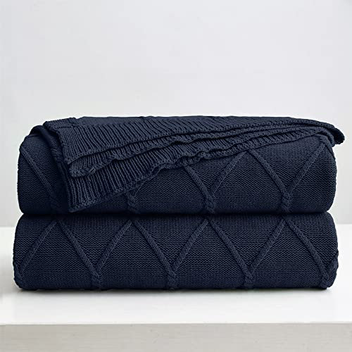 Longhui bedding 100% Cotton Navy Blue Lightweight Cable Knit Throw Blanket with Bonus Laundering Bag for Couch Sofa Bed – Machine Washable, Home Décor, 50 x 63 Inch, Dark Navy