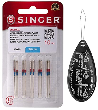 Singer Universal (Universel / Universelle) 2020 Lot de 10 Aiguilles pour Machine à Coudre, Taille 90/14 avec Enfile-Aiguille