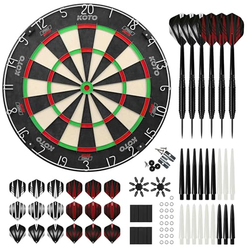 KOTO – Set Cible de Fléchettes King Pro, Cible Professionnelle avec Accessoires KOTO Steeltip Noires, 90 Pièces, Cible Flechette