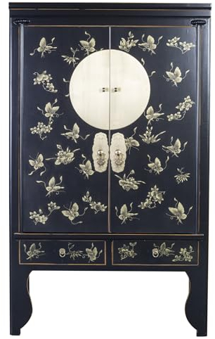 Fine Asianliving Chinesischer Hochzeitsschrank Onyx Schwarz Handbemalt - Orientique Kollektion B100xT55xH175cm China Chinesischer Schrank Chinesischer Hochzeitsschrank Orientalische Möbel