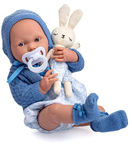 JC TOYS- Muñeco La Newborn recién Nacido de 38 cm, de Vinilo Suave, colección Royal, Ropa con Dibujo Toile de jouy, Chupete y Peluche, niño, Azul, diseñado en España por Berenguer, 2 años