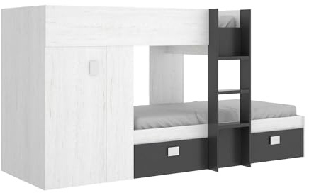 Dmora Bambini Cevedale, Cameretta Completa con Armadio e cassetti, Composizione Letto a Castello con Due lettini Singoli, 271x111h150 cm, Bianco, Blu e Antracite