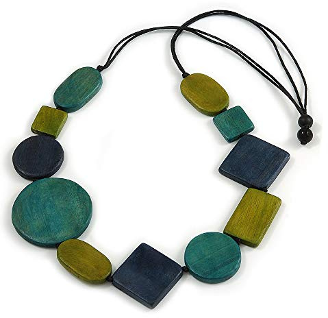 Avalaya Collana in corda di cotone nero con perline geometriche in legno verde acqua, oliva, blu, lunghezza 86 cm, regolabile
