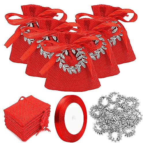 24pz Sacchetti Confetti Laurea con Corona Alloro In Metallo e 22m Nastro Raso Rosso Per La Decorazione Della Cerimonia, Regalo