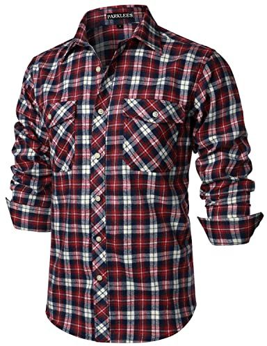 PARKLEES Chemise décontractée pour homme - Coupe droite - Boutonnée - Carreaux - En flanelle - Avec poches