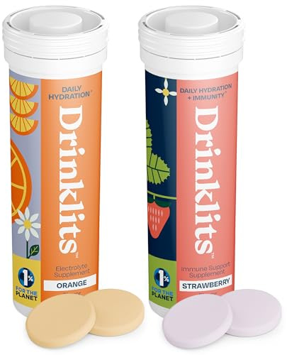 Drinklits Orange Daily Hydration Tablets + Strawberry Immunity Tablets (2) Tube Pack | Essential Electrolytes – Great Taste – Immune Support | 20 Servings (10 Tablets Per Tube)