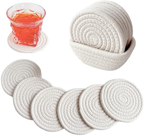 Valdivia Boho Drink Coasters with Storage Basket, Handmade Woven Cotton Absorbent Coaster Set of 6, Minimalist Home Decor for Coffee Table, Kitchen, Housewarming Gifts and New Apartment House Gifts