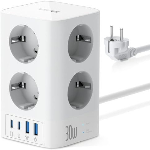 VEFVE Mehrfachsteckdose mit USB C 30W Schnellladung, 8-Fach Steckdosenturm mit 4 USB, Steckdosenleiste mit Schalter Überspannungsschutz, 2m Kabel, 4000W 16A, – für Büro, Zuhause, Gaming