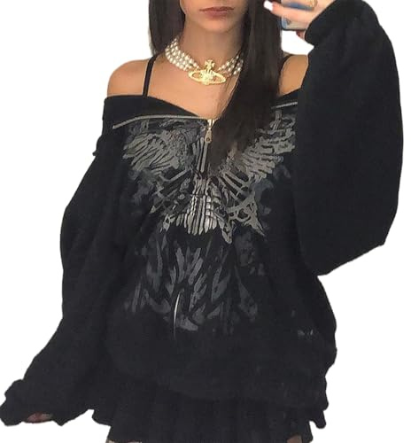 Meiweileya Women's Y2k Grunge Skull Graphic Zip Up Hoodies Emo Goth Skeleton Jacket Long Sleeve, Carbon Black, L