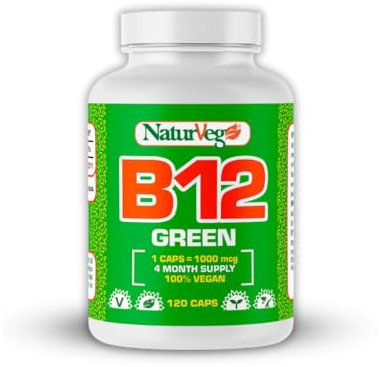 Naturveg B12 GREEN – Vitamina B12 Vegan da Fermentazione Naturale – Essenziale per Energia e Sistema Nervoso – 120 Compresse per 4 Mesi –Integratori per vegani, Made in Italy