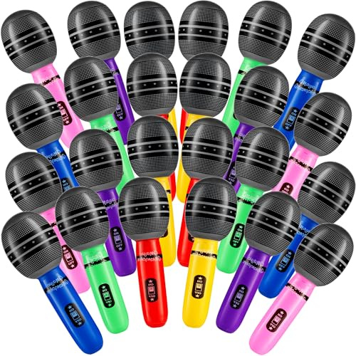 Inflatable Microphones for Parties - (Pack of 24) 10-inch Neon Colors Blow Up Microphone for Kids & Adults, Party Favors, Giveaways, DJ-Props, Photo-Booth, Birthdays, Dance, Sing, Concert Decorations