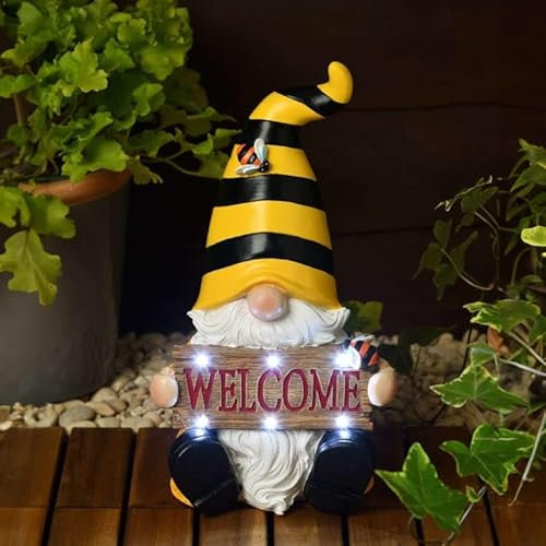 New Yellow Adorable Bee Gnome Statue with Bright LED Solar Welcome Light Decorative Garden Ornament By Day, And an Inviting Solar Light By Night Yard,Patio,Lawn Garden Decor Gift -A77