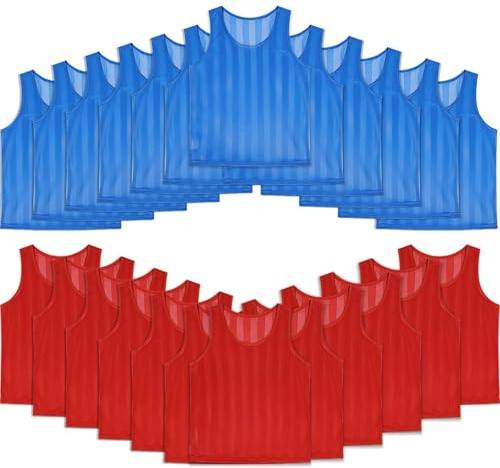 ASMIZ Lot de 24 Gilets Chasubles d’Entraînement en Maille Respirante，Maillots Universels Adultes et Juniors，Dossards Numérotés Rouge & Bleu pour Football, Basketball, Rugby