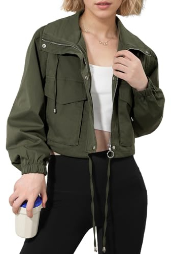 Fecialy Womens Cropped Jacket Lightweight Zip Up Short Jacket Oversized Utility Anorak Coat with Pockets