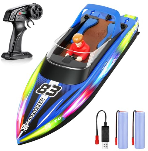 HOTUT Bateau Télécommandé, 2,4 GHz Bateau Telecommandé Enfant, Haute Vitesse RC Bateaux de Course, avec Lumières LED, avec Alarme de Batterie Faible, pour Piscines et Lacs (Bleu