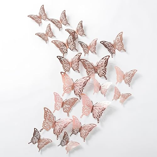 GWEOR Pack de 36 Pegatinas de Mariposas 3D Efecto Láser, Decoración de Pared DIY Removible para Habitación, Bodas y Fiestas, Vinilos de Mariposa en 3 Tamaños con Puntos Adhesivos (Oro Rosa)